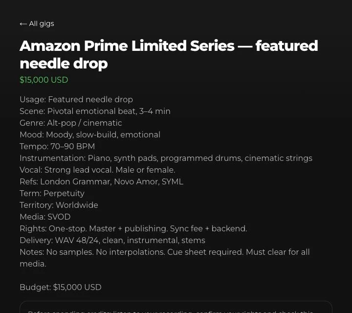 The actual US$15,000 listing specifies musical direction, duration, tempo and delivery requirements. Account navigation is outside this capture.