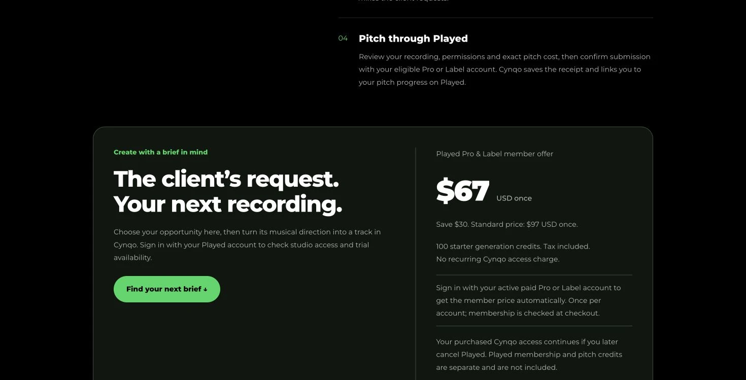 Played’s published Cynqo offer reduces access to US$67 for eligible active paid Pro and Label members.