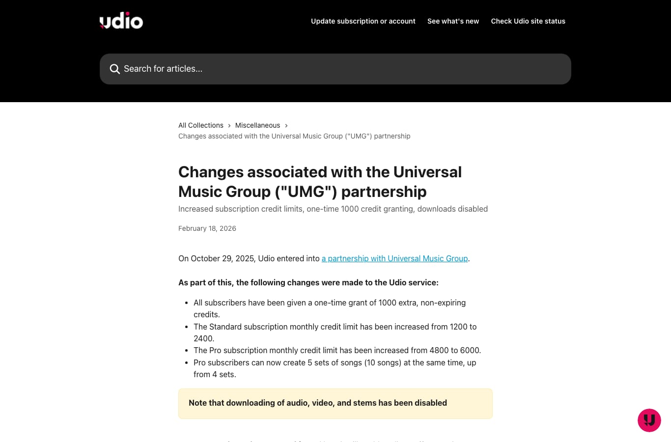 Udio help centre article stating that downloading of audio, video and stems has been disabled