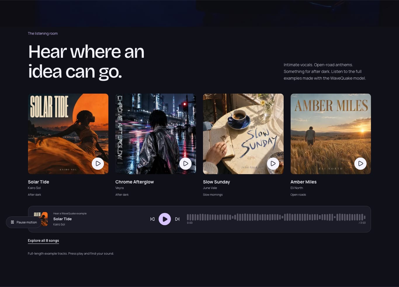 WaveQuake listening room showing Solar Tide, Chrome Afterglow, Slow Sunday and Amber Miles with a full-length player