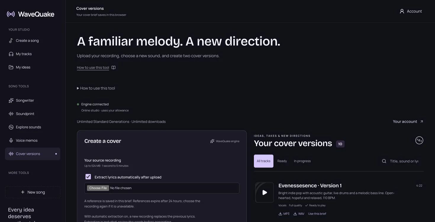 The connected Covers workspace, captured on 30 October 2026. It places the reference recording and generated versions in the same view.