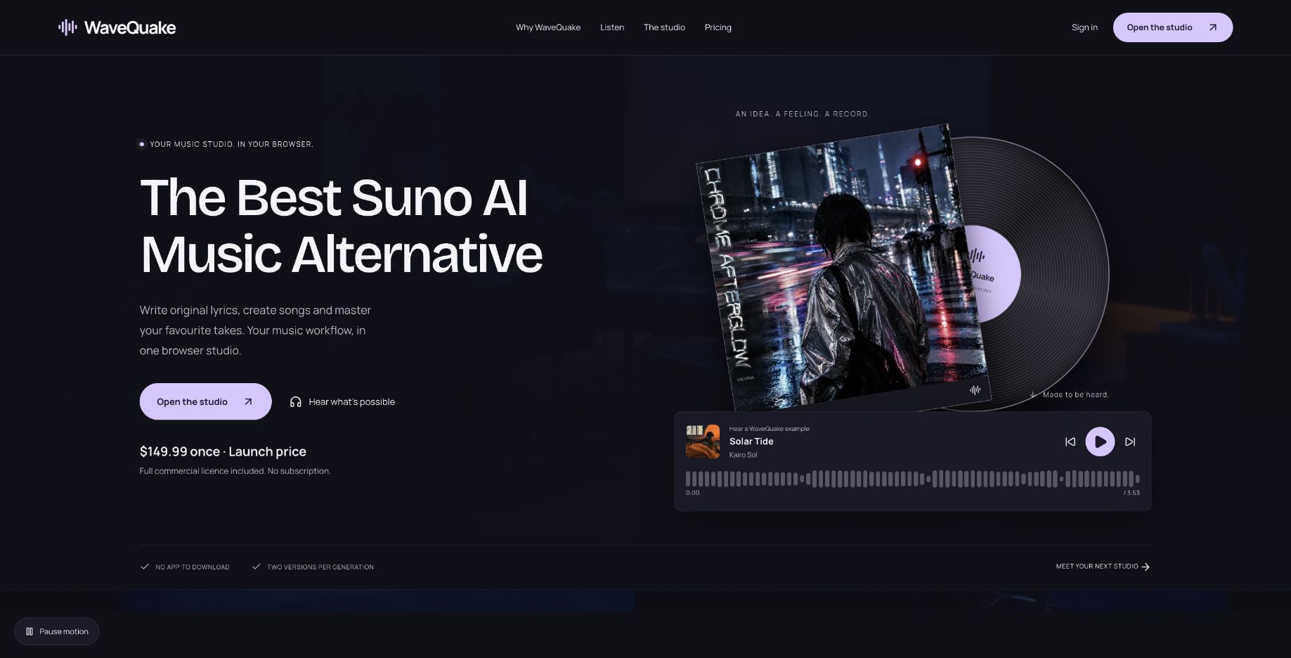 WaveQuake homepage introducing its browser music studio