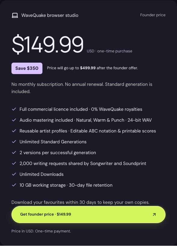 WaveQuake pricing card: $149.99 one-time founder price with commercial licence, mastering, artist profiles, ABC notation, Unlimited Standard Generations, writing requests, Unlimited Downloads and storage