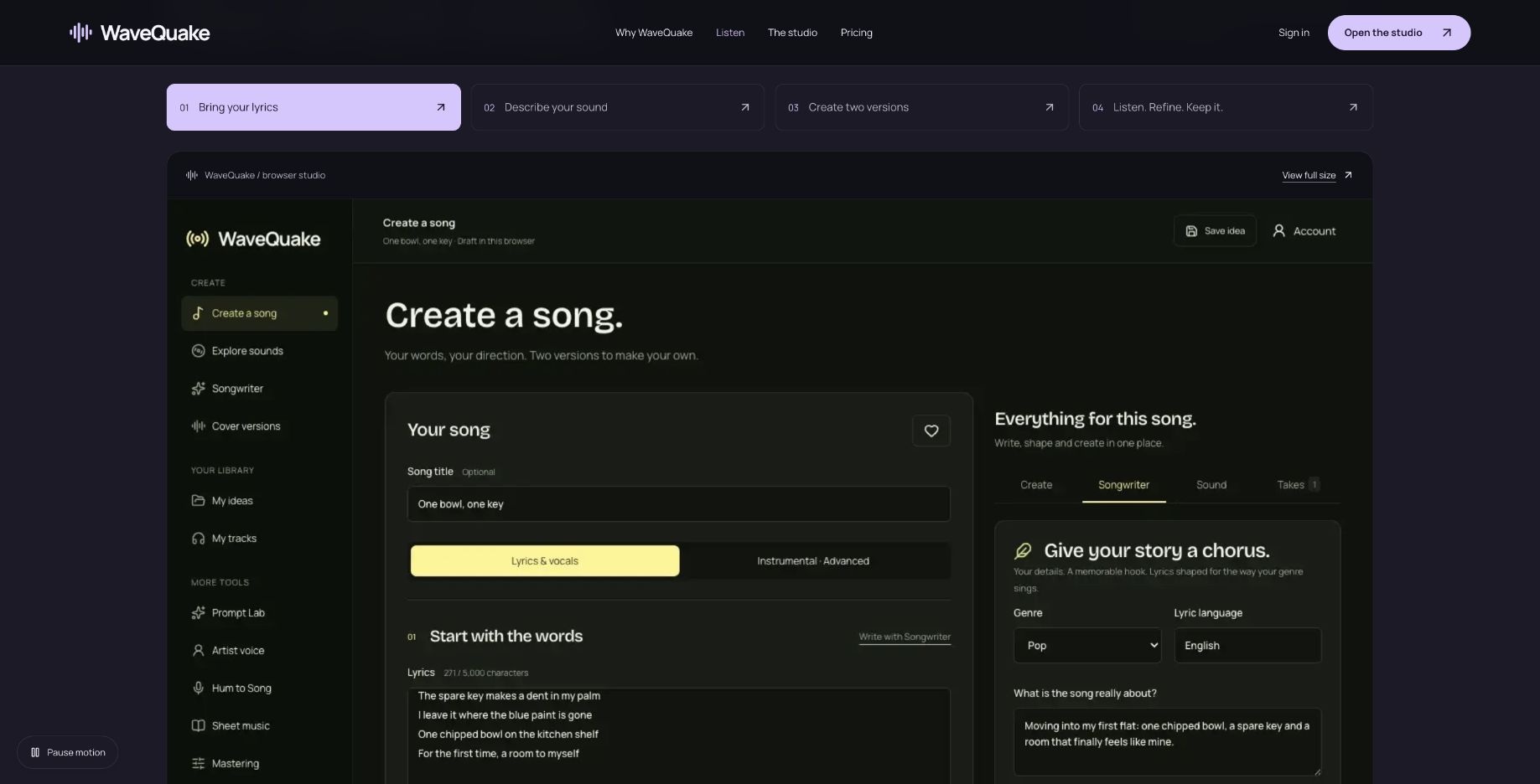 WaveQuake public tour with Songwriter beside a sample lyric