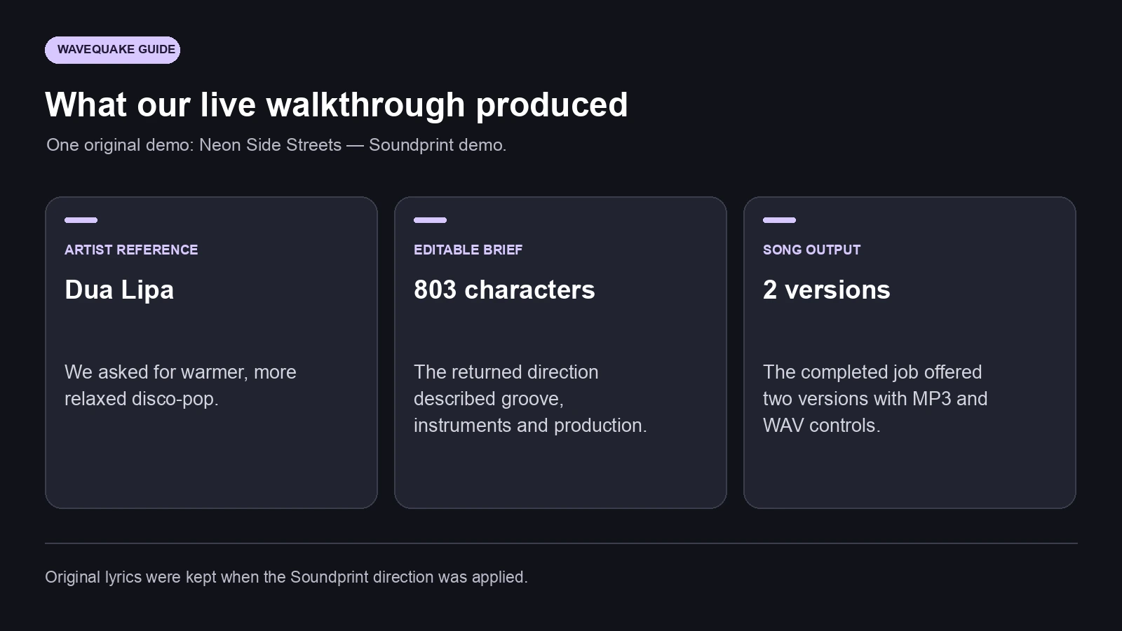 The observable results of our walkthrough: Dua Lipa as the reference, an 803-character direction and two completed song versions.