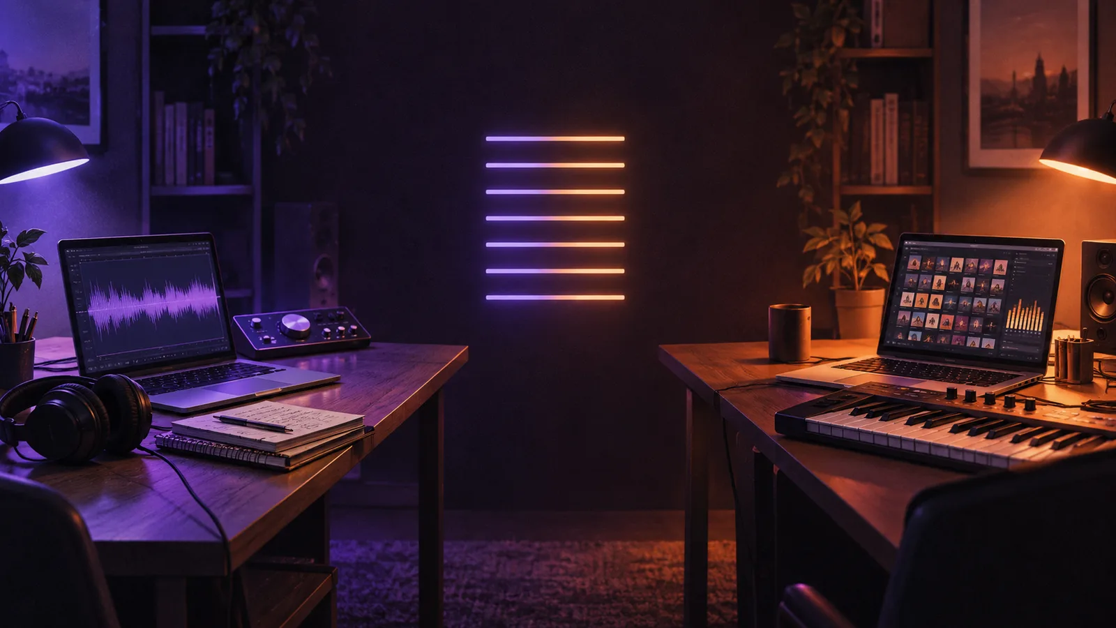 Two home-studio desks lit in violet and orange face each other beneath a row of glowing score bars