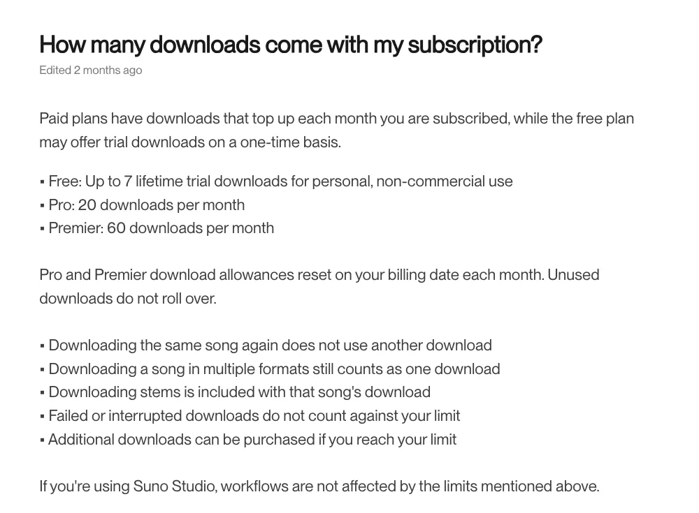 Suno's help article listing 7 lifetime trial downloads on Free, 20 a month on Pro and 60 a month on Premier, with the Suno Studio exception