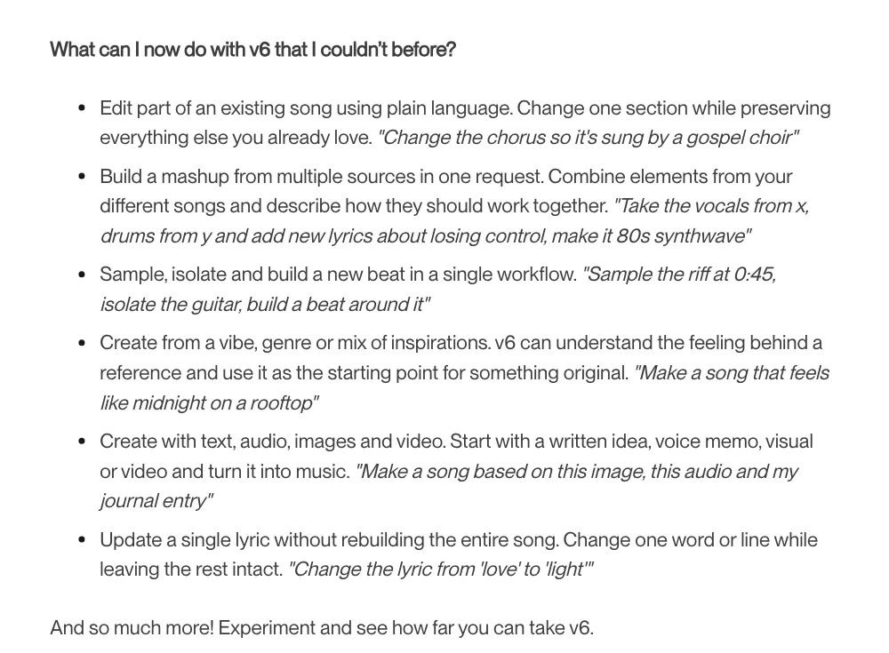Suno's v6 FAQ listing plain-language section edits, multi-source mashups, sampling and single-lyric updates